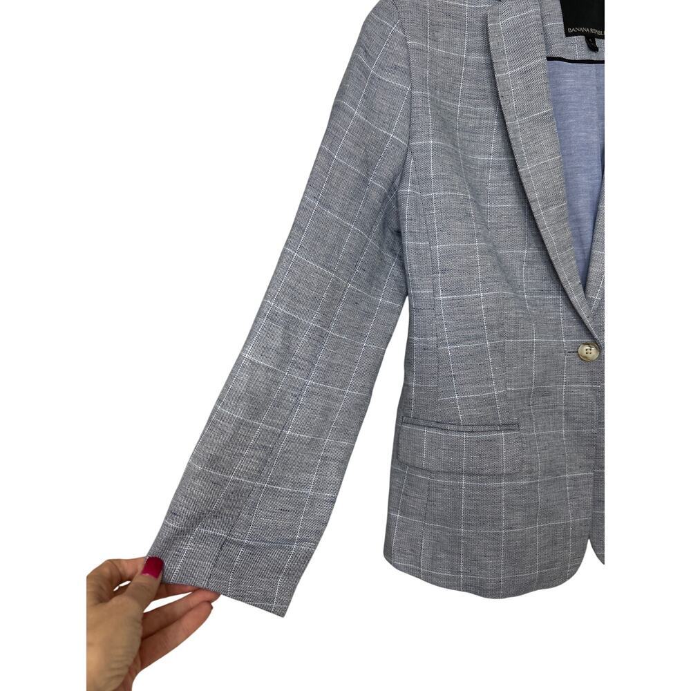 Banana Republic Blue Linen Blend Plaid Blazer Jacket 6 Old Money Preppy Classic - Picture 6 of 14